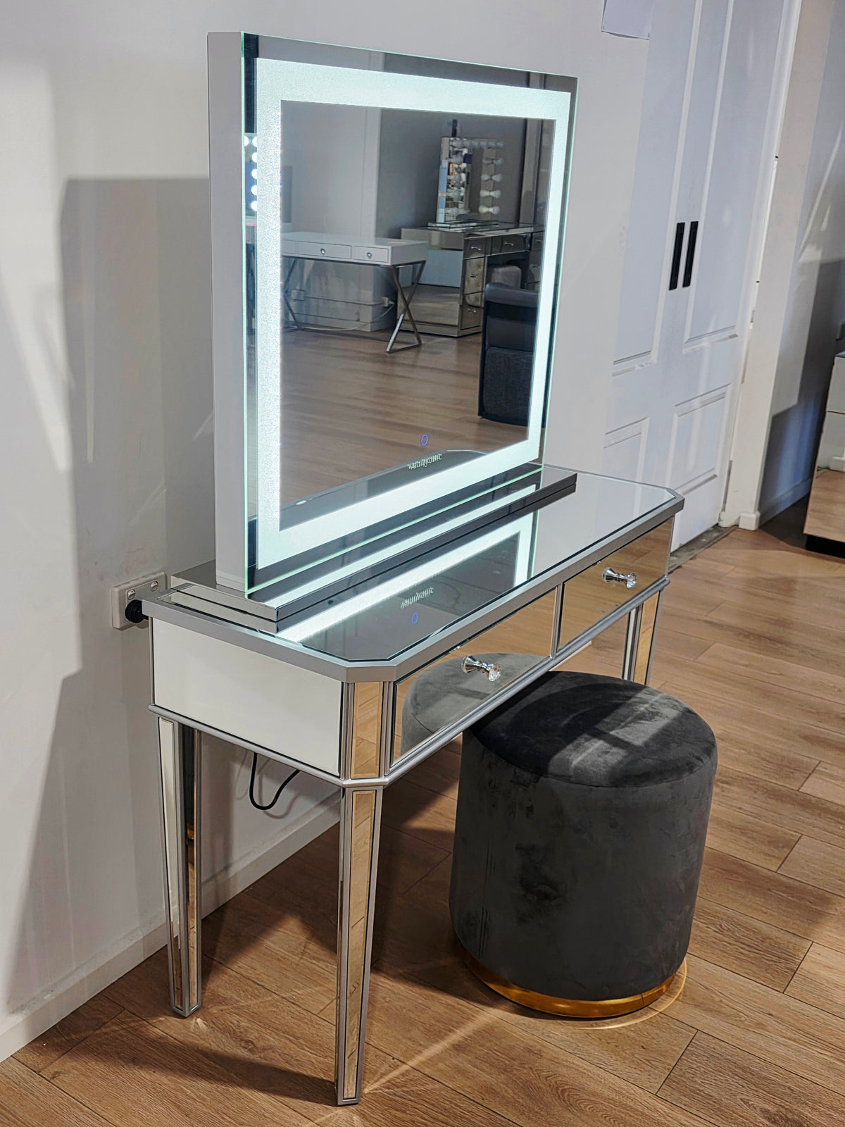Package Sale: Clearance - 2 Drawers Mirrored Table + XL Crystal Makeup Mirror with Tri-Lighting + Jorja Charcoal Ottoman