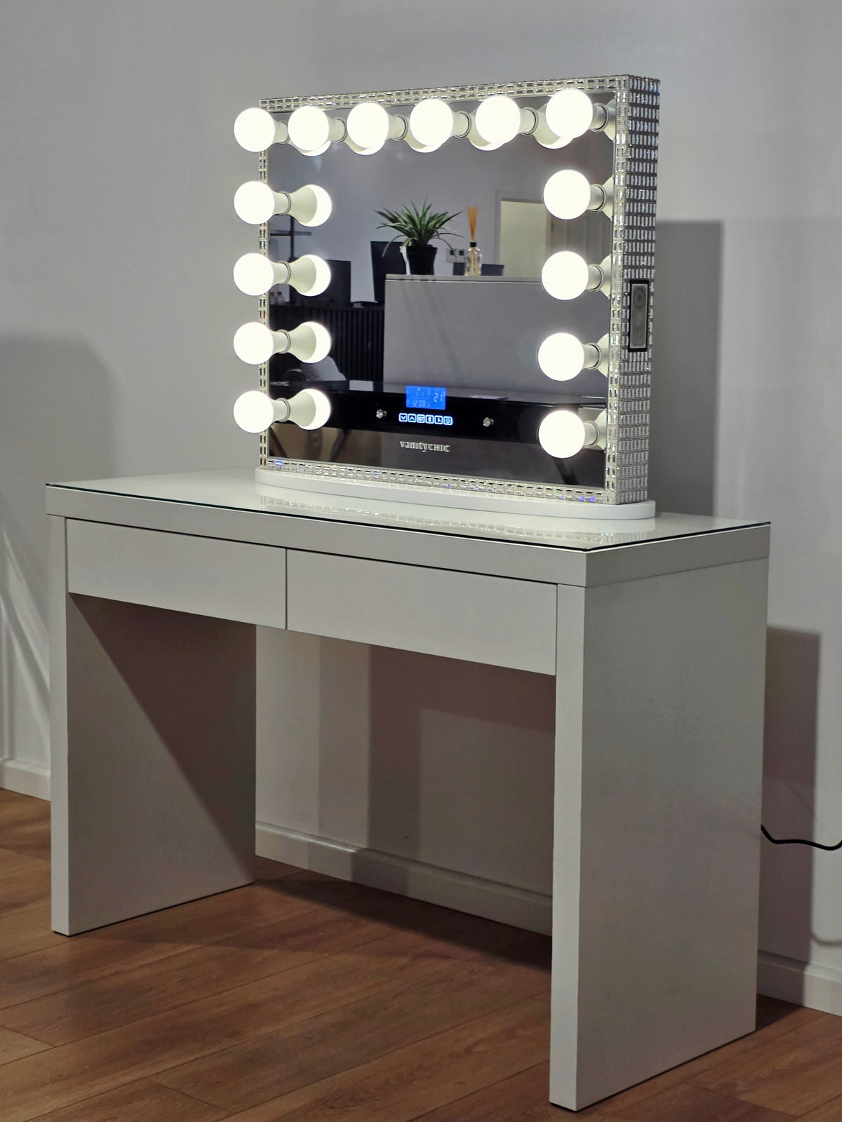 Package Sale: Clearance - 2 Drawers Vera Table + Large Frameless Makeup Mirror with Bluetooth Speakers + Tri-Lighting