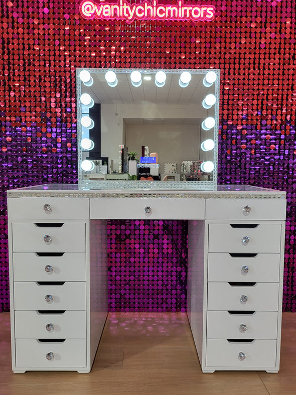 Mini Diamond Style Beauty Station + Large Diamond Makeup Mirror with Bluetooth Speaker