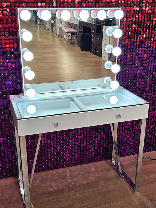 HIGH QUALITY - Mini Coco Makeup Table with Clear Glass Top + YSABEL Hollywood Makeup Mirror