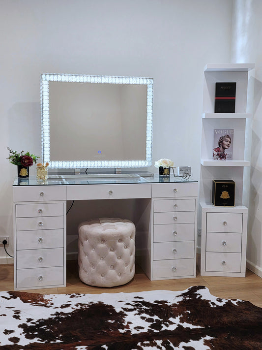 Package Sale: MILA ROSE Beauty Station + XL DiamondX Makeup Mirror with Sensor Dimmer + Ellie Shelf + Ottoman