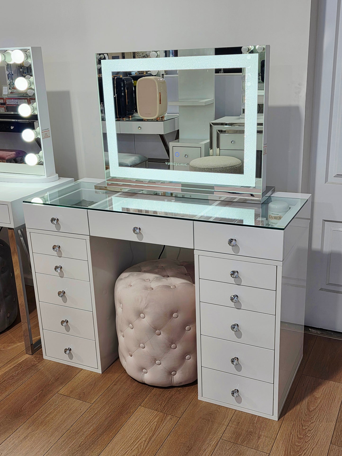 HIGH QUALITY - Mini Mila Rose Beauty Station + Large Crystal Makeup Mirror with Tri-Lights