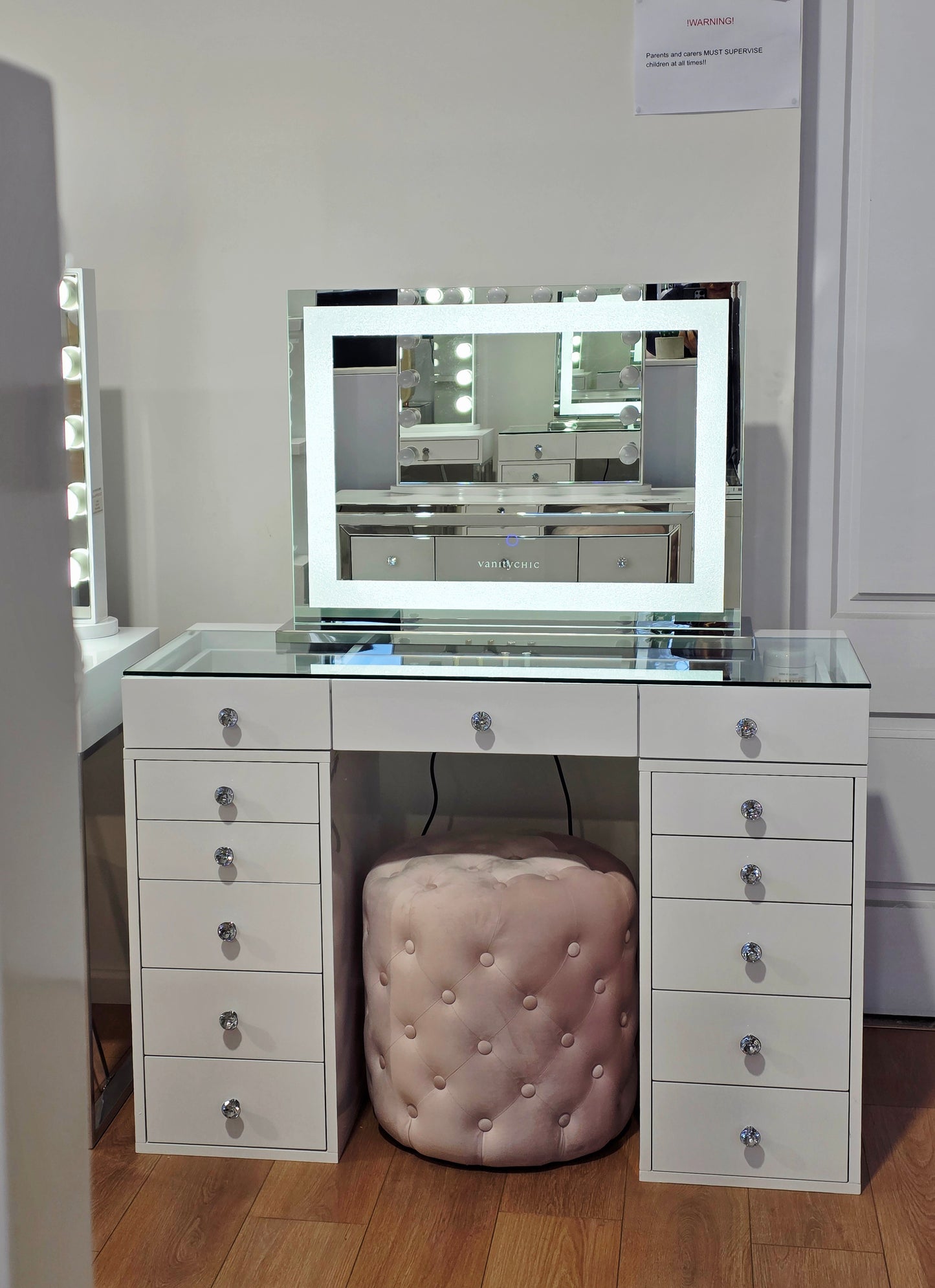 HIGH QUALITY - Mini Mila Rose Beauty Station + Large Crystal Makeup Mirror with Tri-Lights