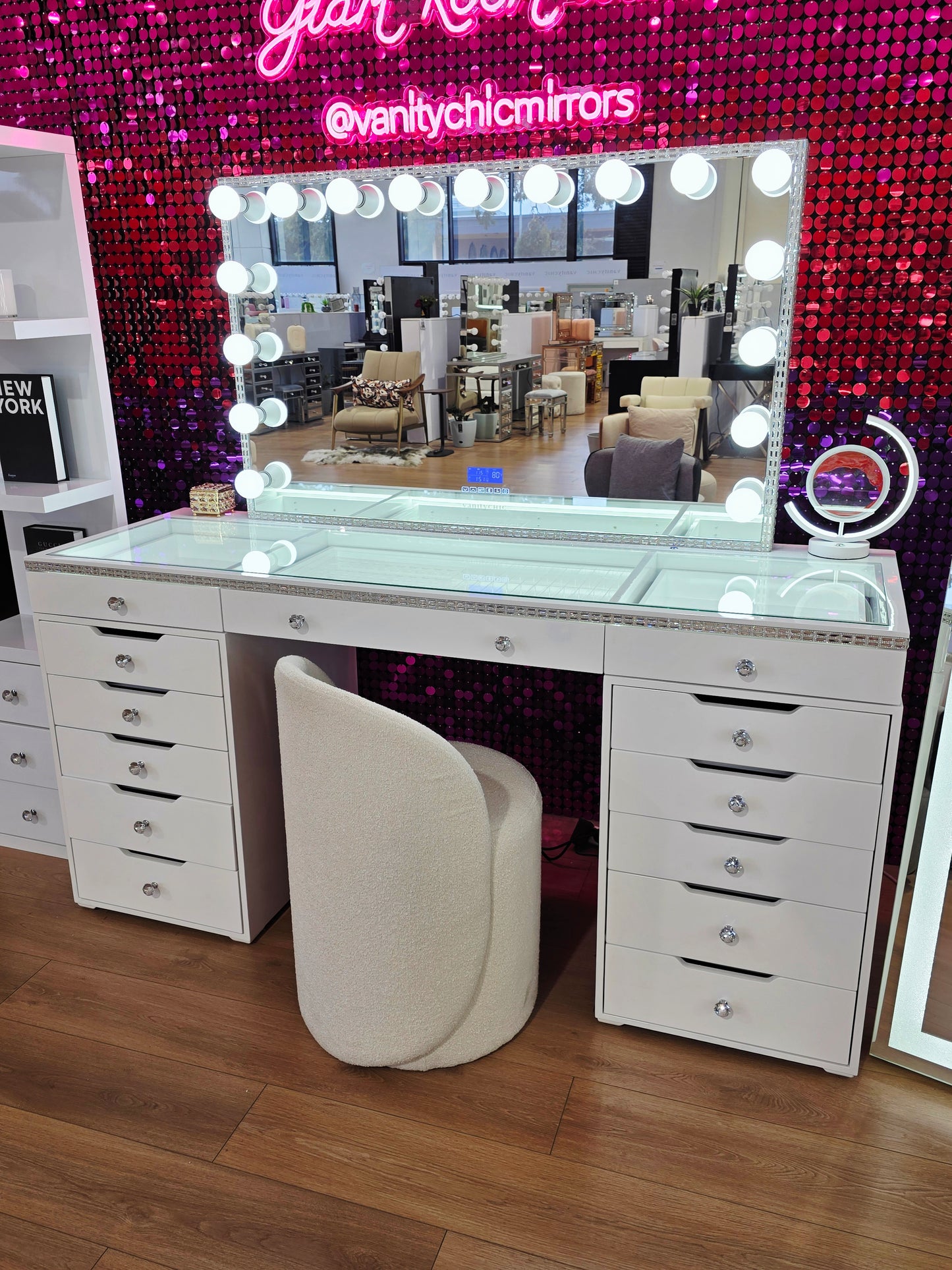 L180cm Diamond Style Beauty Station + Super XL Diamond Style Makeup Mirror with Bluetooth Speakers