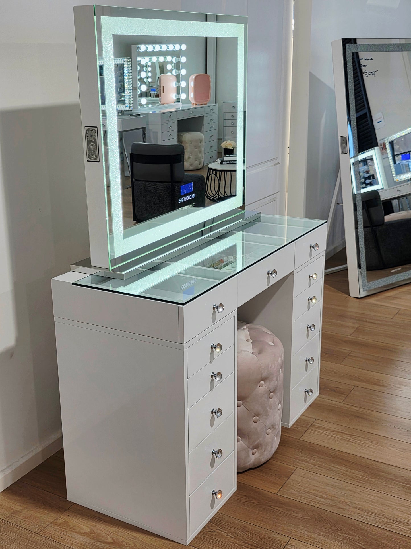 HIGH QUALITY - Mini Mila Rose Beauty Station + XL Crystal Hollywood Makeup Mirror with Bluetooth Speakers/Tri-Lighting + Alexa Pink Ottoman