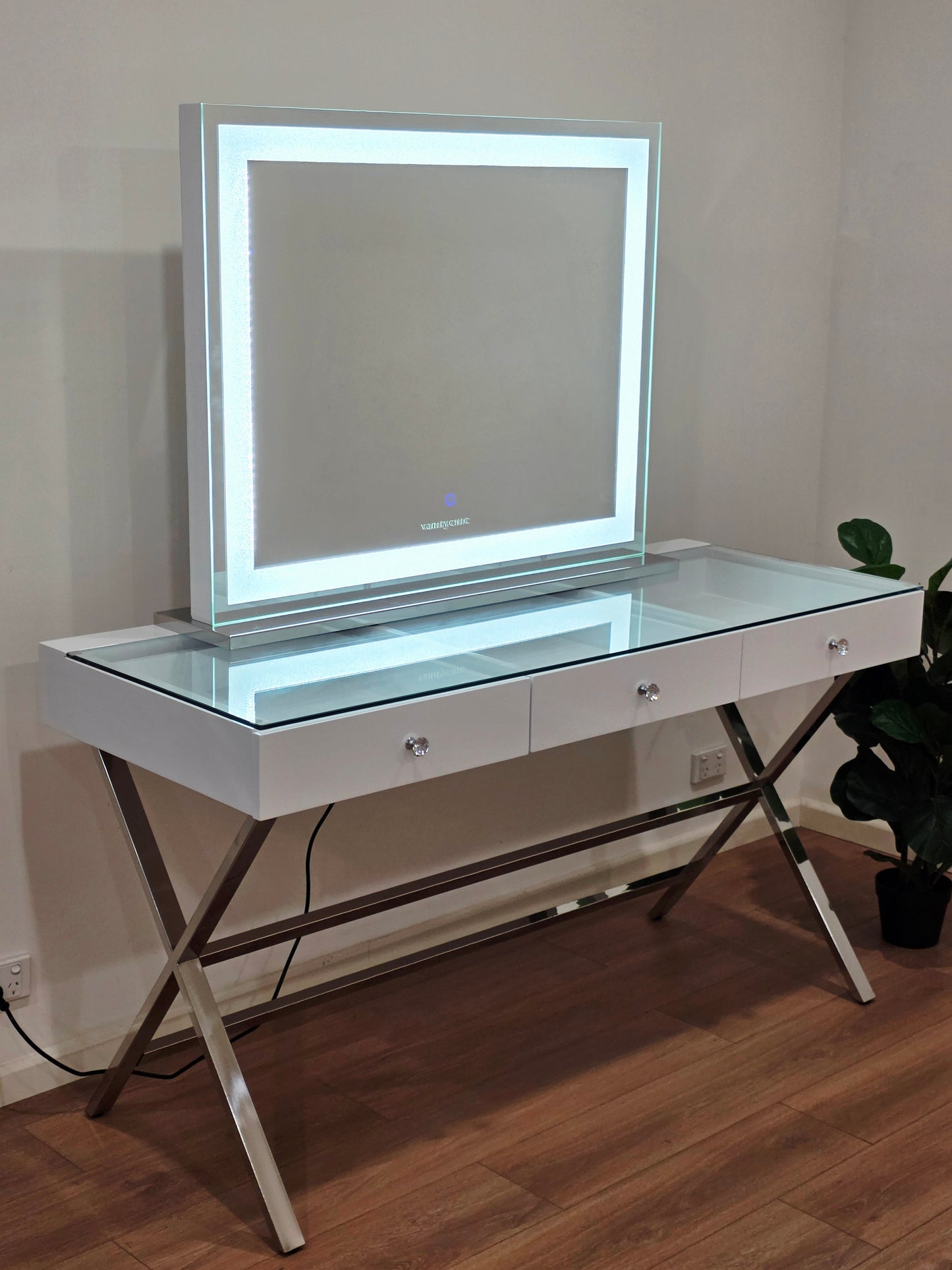3 Drawers Coco Table with See Through Glass Top + XL Crystal Makeup Mirror with Tri-Lighting