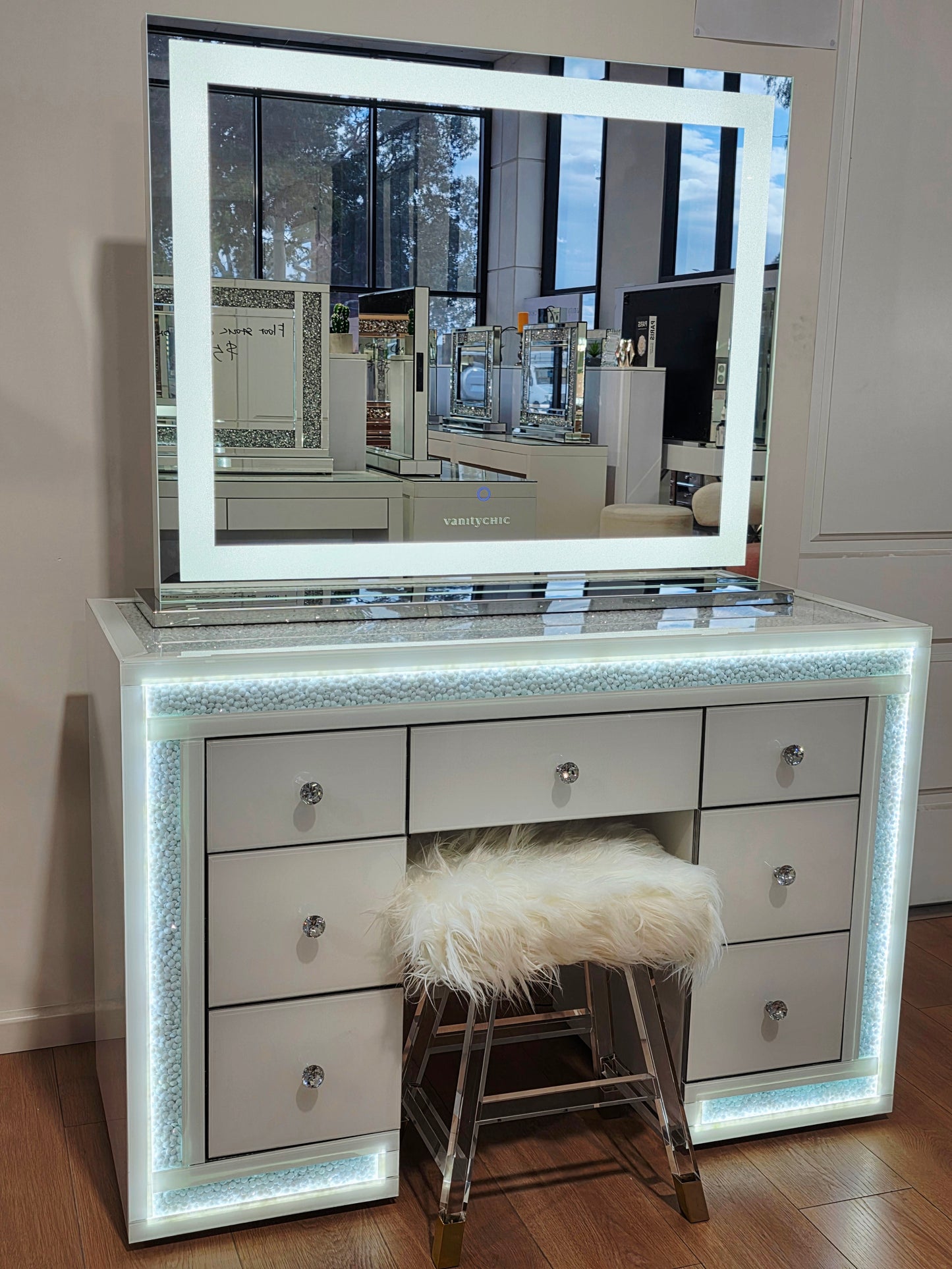Package Sale: 7 Drawers White Mirrored Makeup Table with Crystal Top + XL Crystal Makeup Mirror with Sensor Dimmer + Furry Top Acrylic Stool