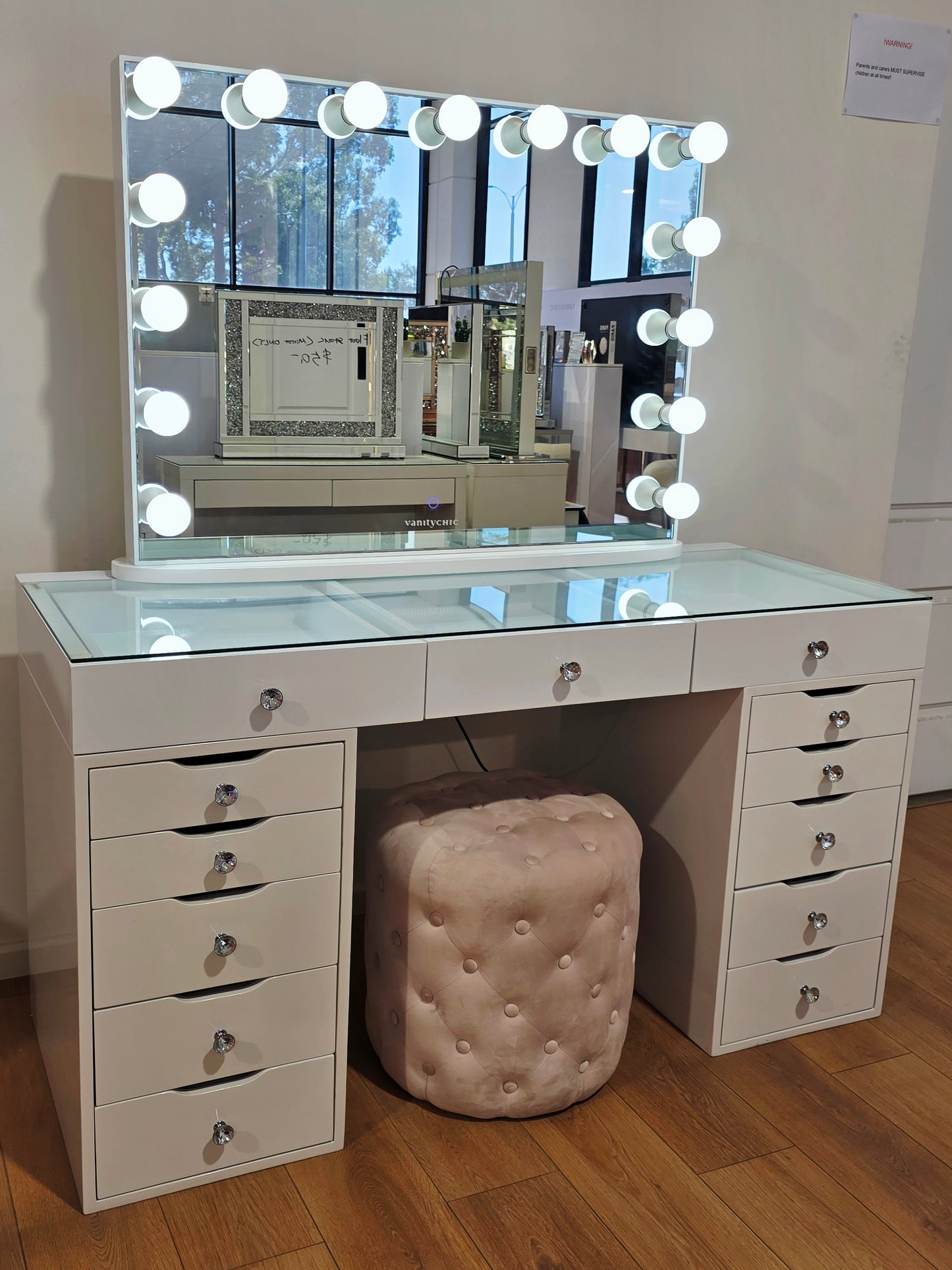 Package Sale: L150cm Beauty Station with Clear Glass Top + XL Ysabel Makeup Mirror with Sensor Dimmer/Tri-lightings + Alexa Pink Ottoman