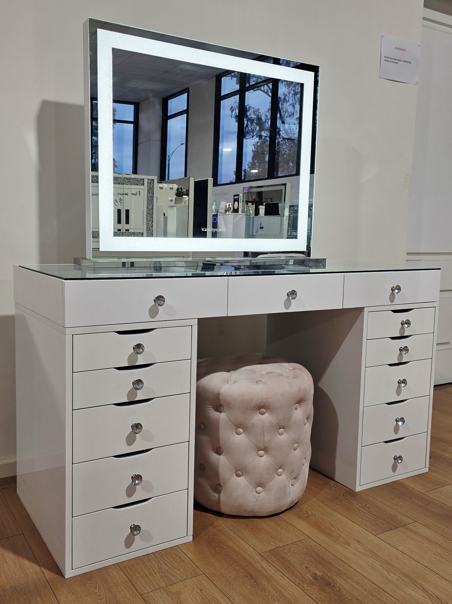 Package Sale: L150cm White Beauty Station with Clear Glass Top + XL Crystal Makeup Mirror with Sensor Dimmer + Alexa Pink Ottoman