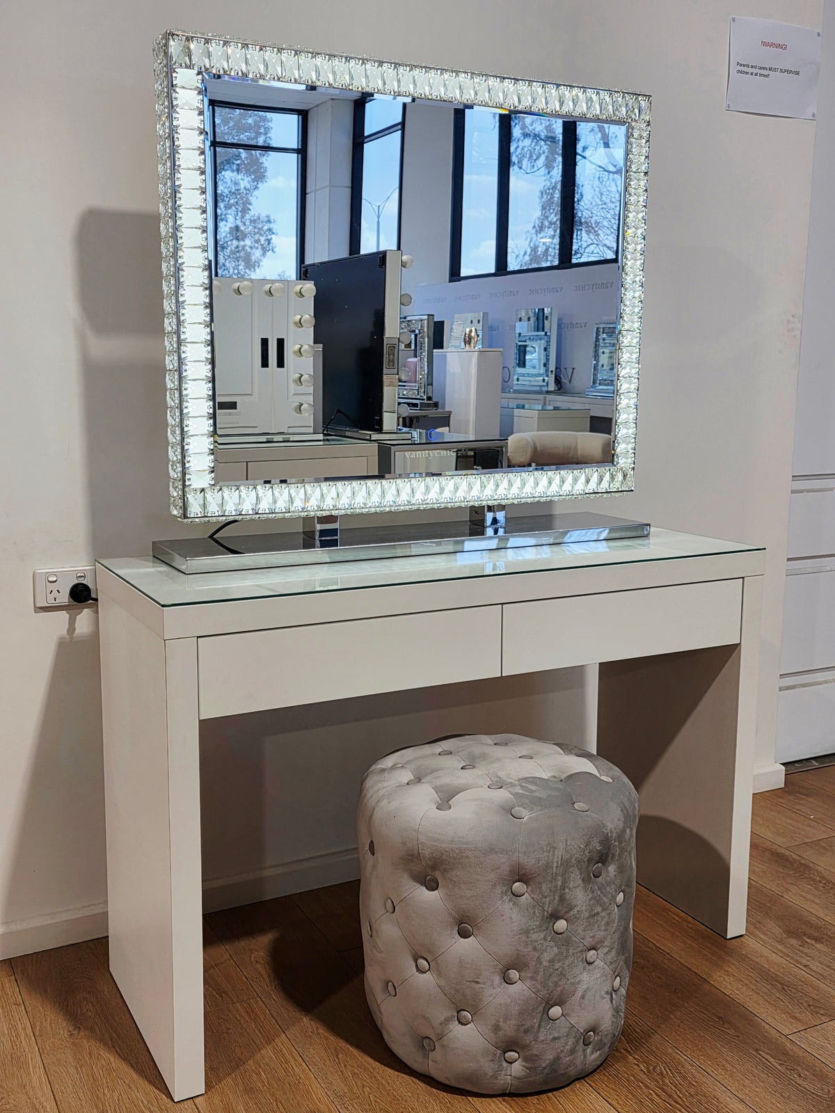Package Sale: Clearance - 2 Drawers Vera Table + XL DiamondX Makeup Mirror with Tri-Lighting + Alexa Grey Ottoman