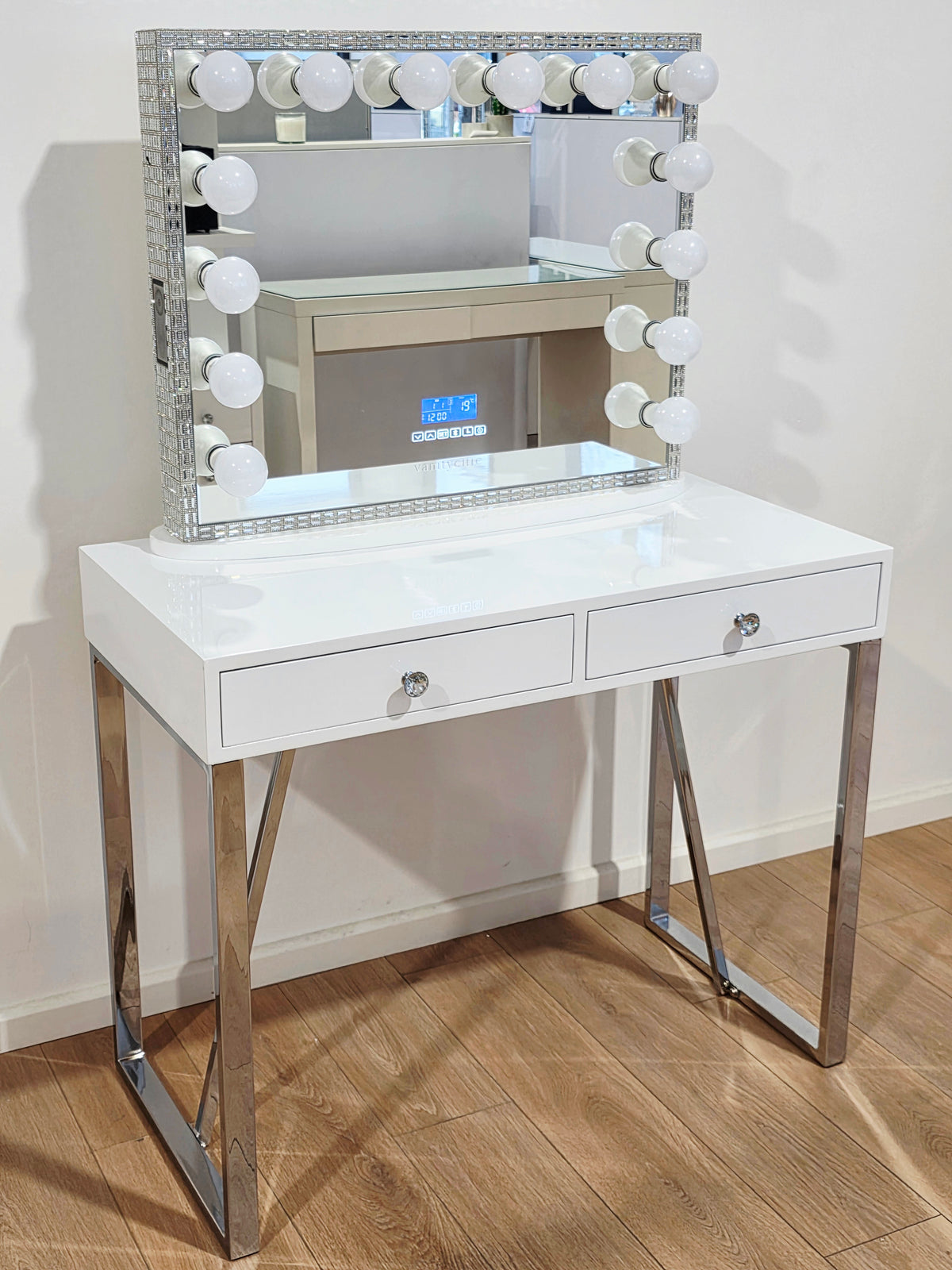 PREMIUM QUALITY - Charlotte Makeup Table + Large Frameless Hollywood Makeup Mirror with Bluetooth Speakers/Tri-Lighting