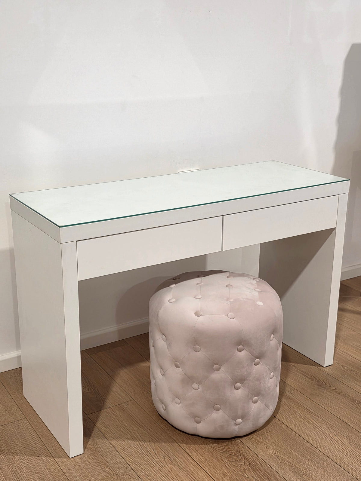 Package Sale: Clearance - 2 Drawers Vera Table with Tempered Glass Top + Alexa Pink Ottoman