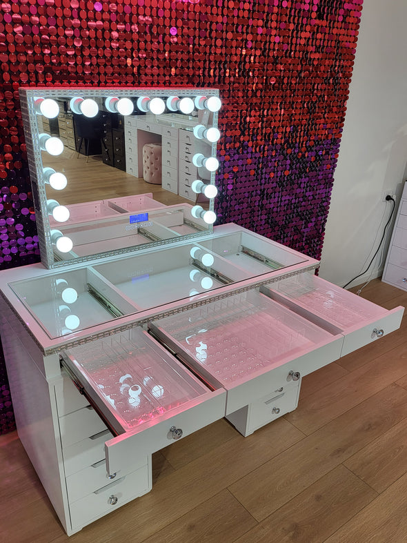 Mini Diamond Style Beauty Station + Large Diamond Makeup Mirror with Bluetooth Speaker