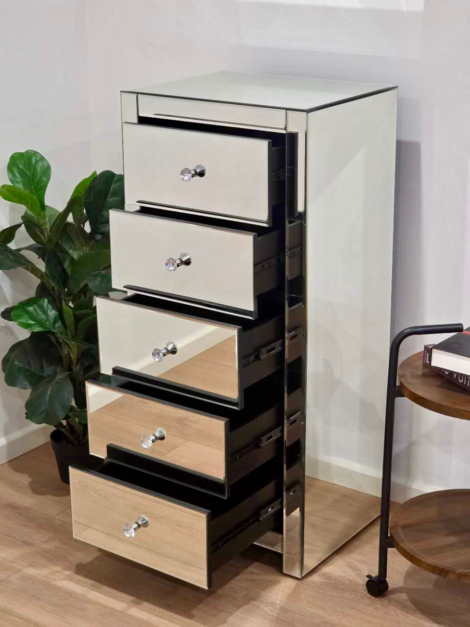 Stock Clearance - 5 Drawers Mirrored Tallboy / Side Drawers