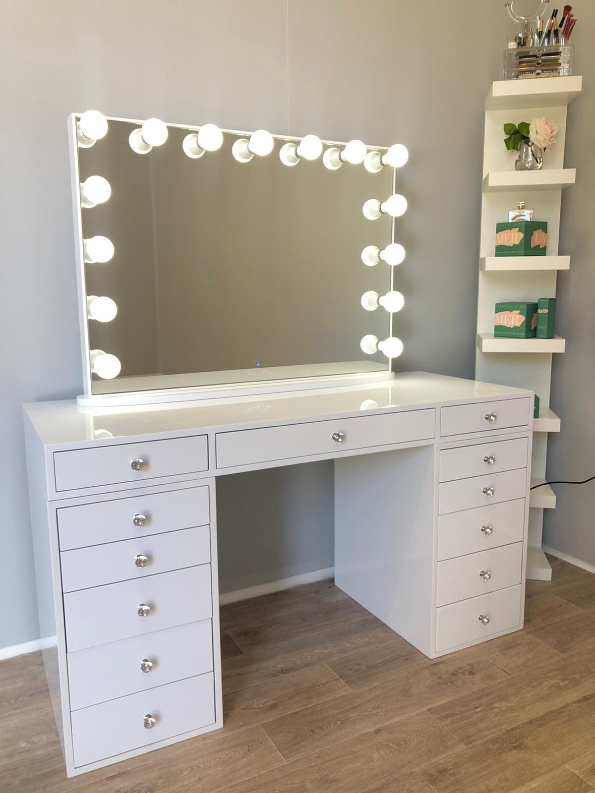HIGH QUALITY - SUNDAY ROSE Beauty Station (Non glass top table) + XL YSABEL Makeup Mirror with LED Lights