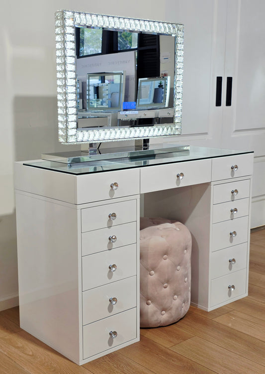 HIGH QUALITY - Mini Mila Rose Beauty Station + Large DiamondX Makeup Mirror with Bluetooth Speakers/Tri-Lighting + Alexa Pink Ottoman