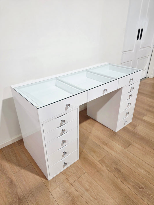 L150cm - White Beauty Station with Clear Glass Top
