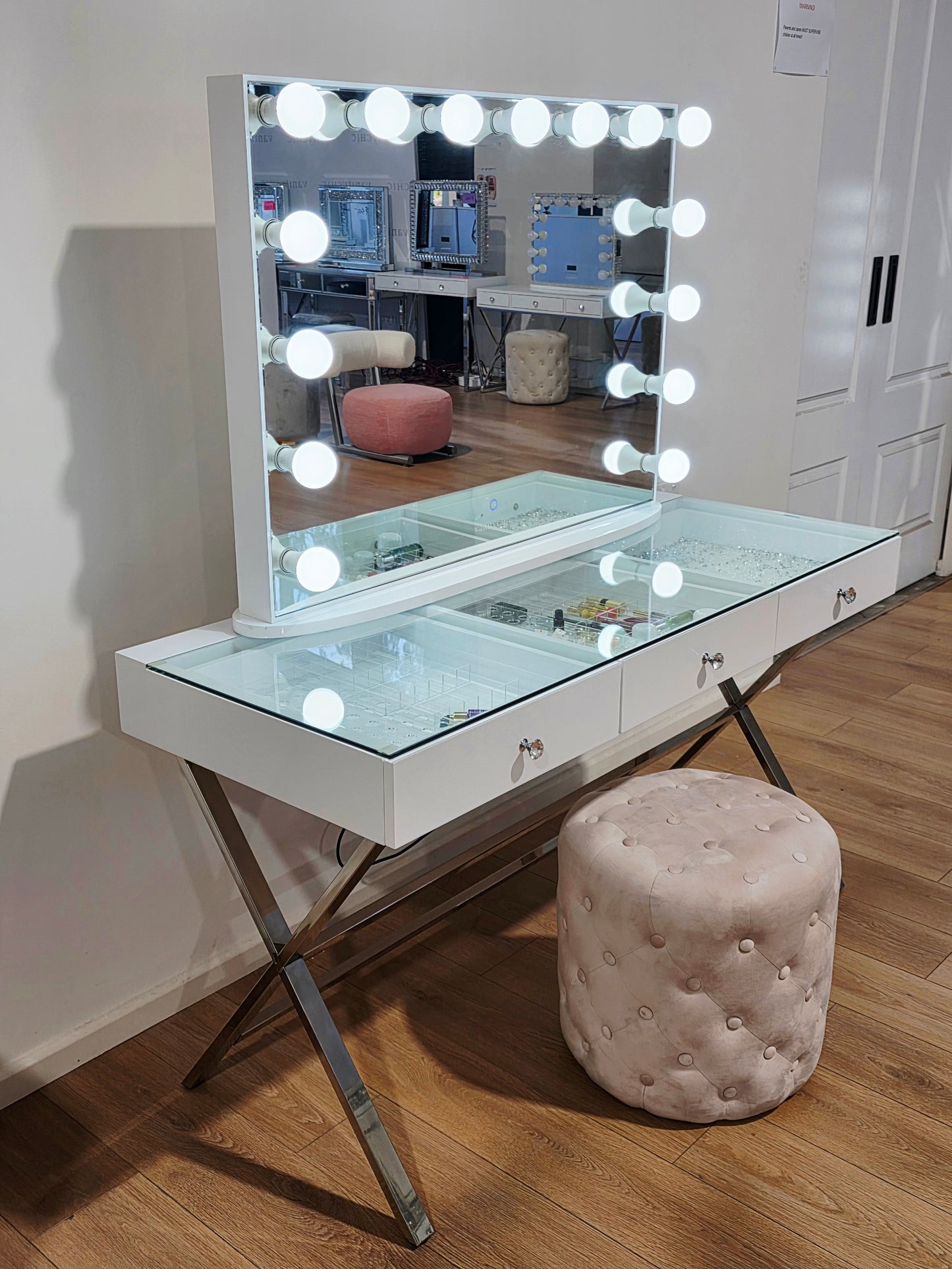 Package Sale: 3 Drawers Coco Makeup Table + XL Ysabel Makeup Mirror with Sensor Dimmer/Tri-Lighting + Alexa Pink Ottoman
