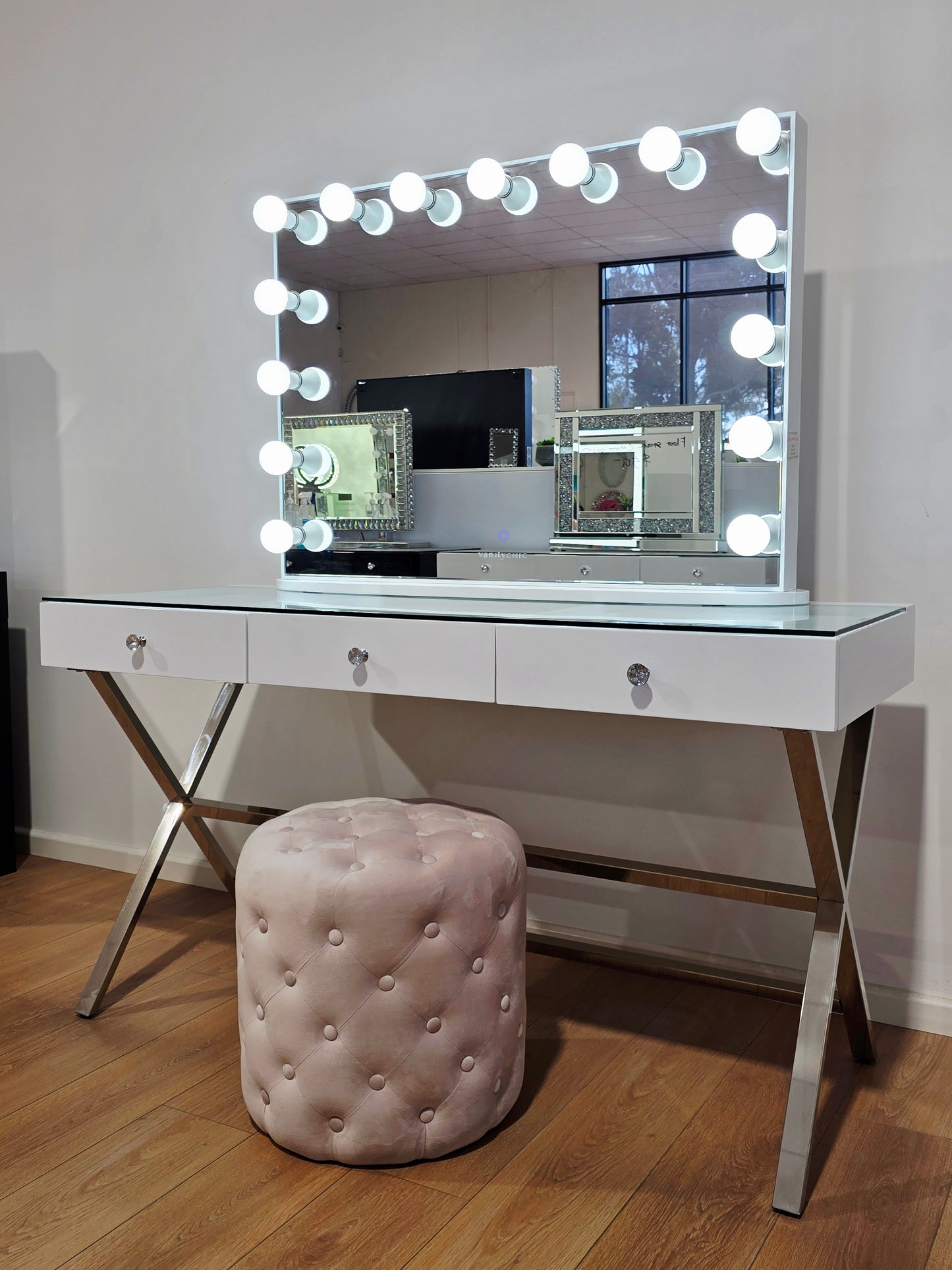 Package Sale: 3 Drawers Coco Makeup Table + XL Ysabel Makeup Mirror with Sensor Dimmer/Tri-Lighting + Alexa Pink Ottoman