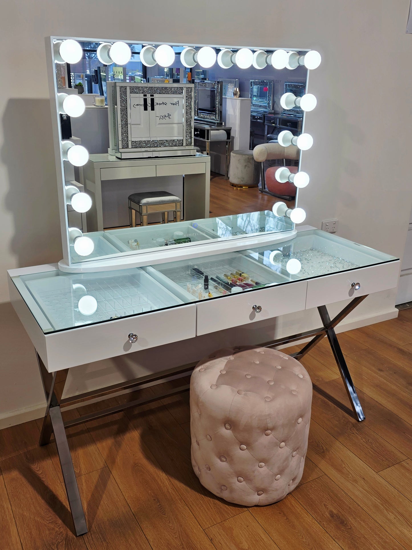 Package Sale: 3 Drawers Coco Makeup Table + XL Ysabel Makeup Mirror with Sensor Dimmer/Tri-Lighting + Alexa Pink Ottoman