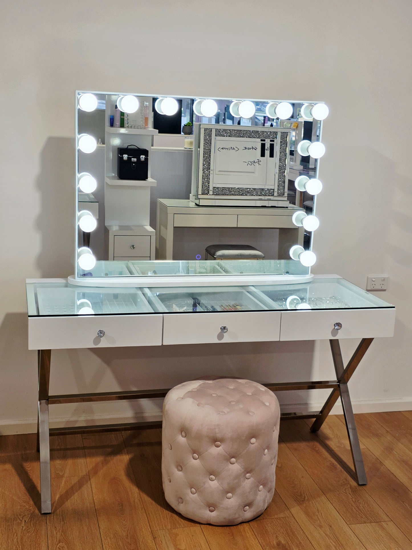 Package Sale: 3 Drawers Coco Makeup Table + XL Ysabel Makeup Mirror with Sensor Dimmer/Tri-Lighting + Alexa Pink Ottoman