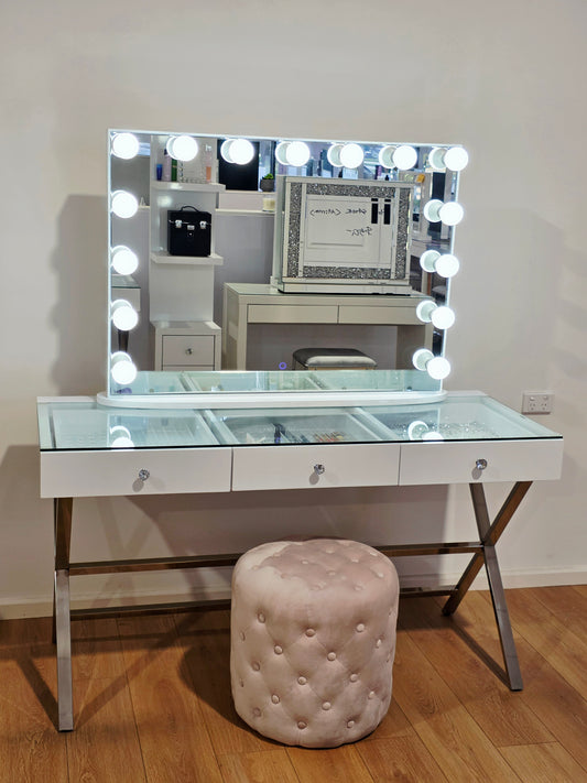 Package Sale: 3 Drawers Coco Makeup Table + XL Ysabel Makeup Mirror with Sensor Dimmer/Tri-Lighting + Alexa Pink Ottoman