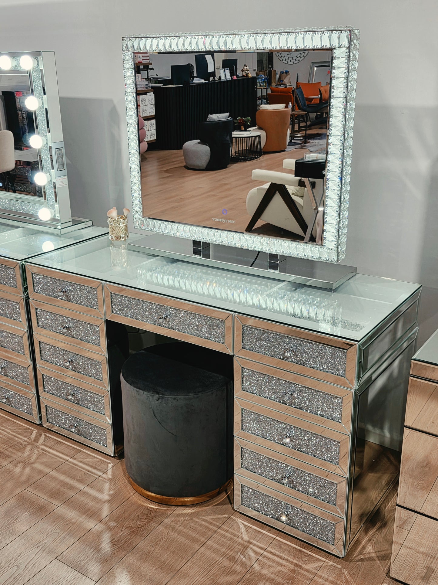High Quality - Mila Rose Beauty Station + XL Shine Makeup Mirror with Bluetooth Speakers + Black Mirrored Stool