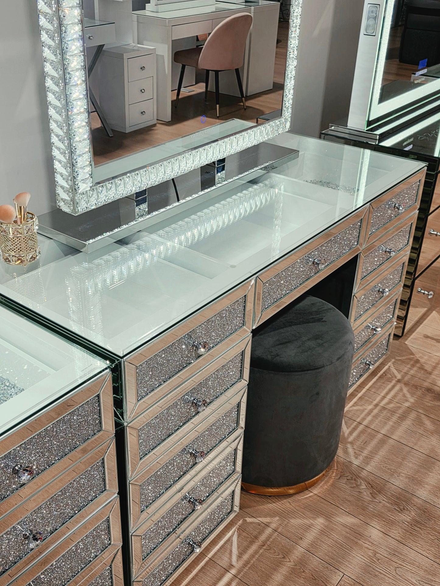High Quality - Mila Rose Beauty Station + XL Shine Makeup Mirror with Bluetooth Speakers + Black Mirrored Stool