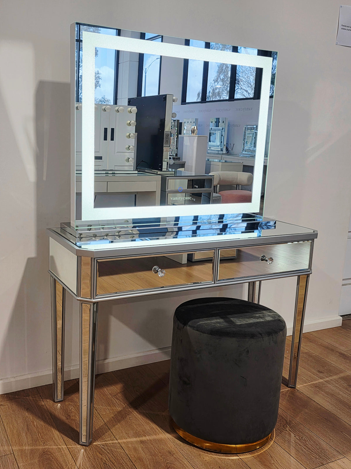 Package Sale: Clearance - 2 Drawers Mirrored Table + XL Crystal Makeup Mirror with Tri-Lighting + Jorja Charcoal Ottoman