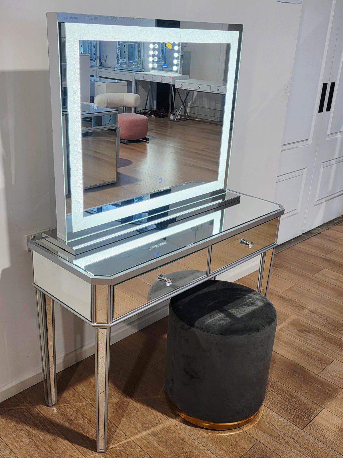 Package Sale: Clearance - 2 Drawers Mirrored Table + XL Crystal Makeup Mirror with Tri-Lighting + Jorja Charcoal Ottoman