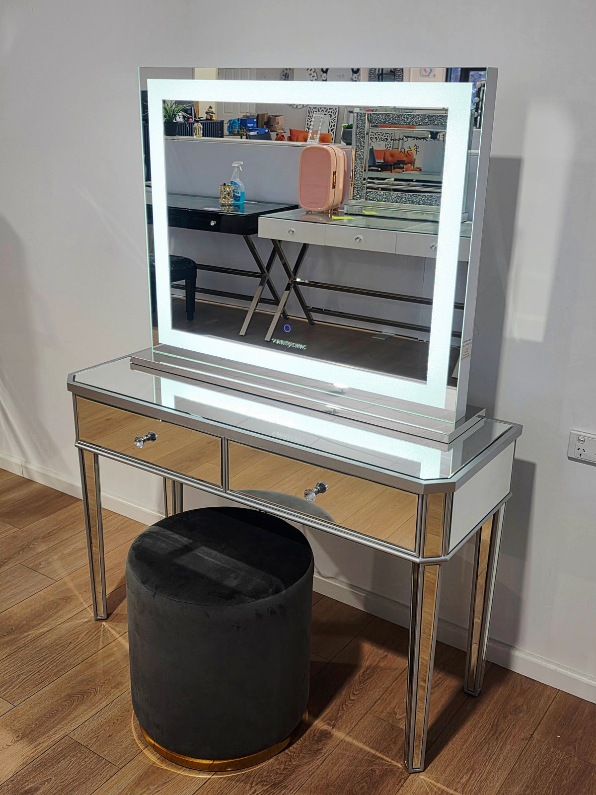Package Sale: Clearance - 2 Drawers Mirrored Table + XL Crystal Makeup Mirror with Tri-Lighting + Jorja Charcoal Ottoman