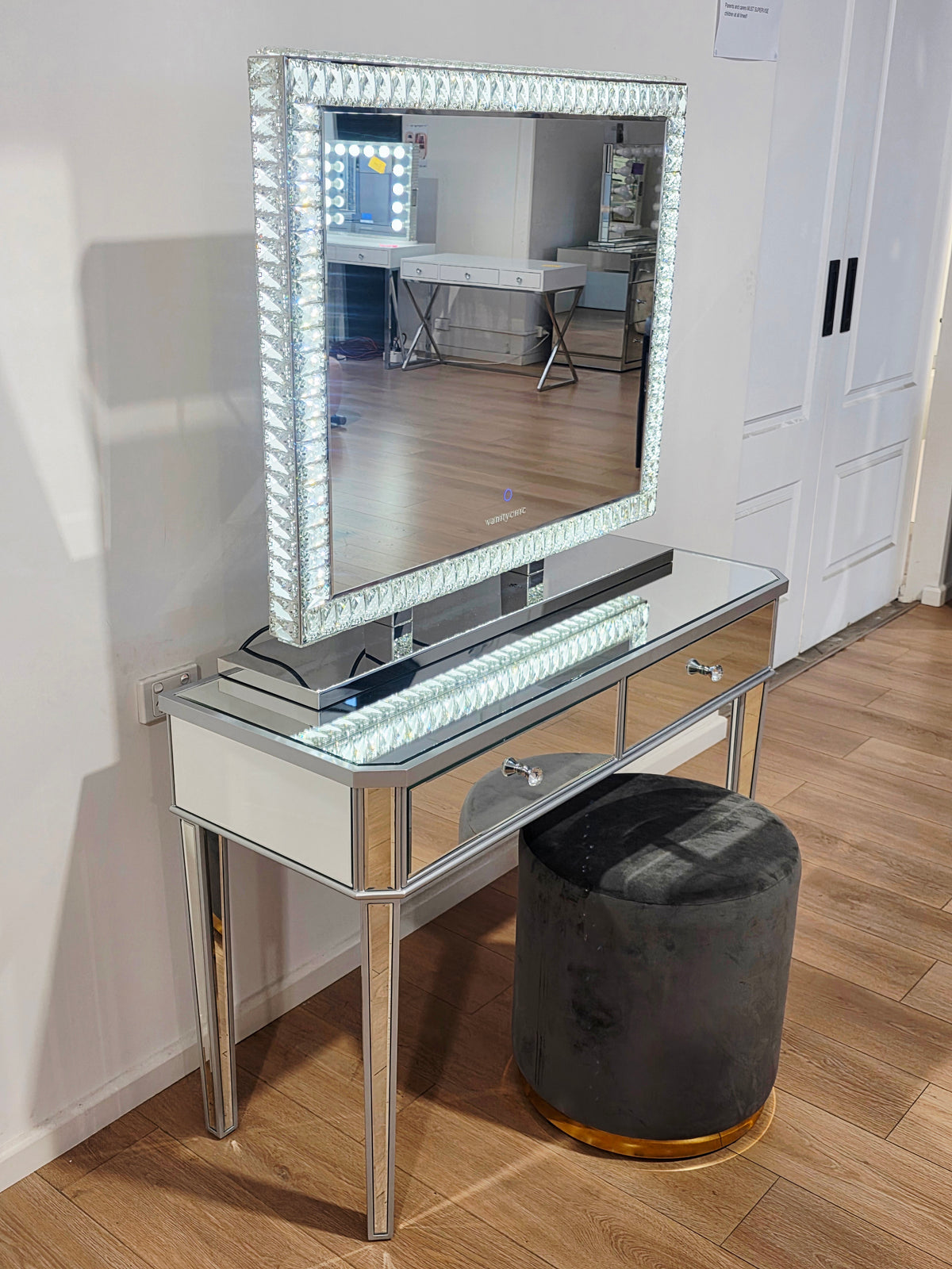 Package Sale: Clearance - 2 Drawers Mirrored Table + XL DiamondX Makeup Mirror with Tri-Lighting + Jorja Charcoal Ottoman