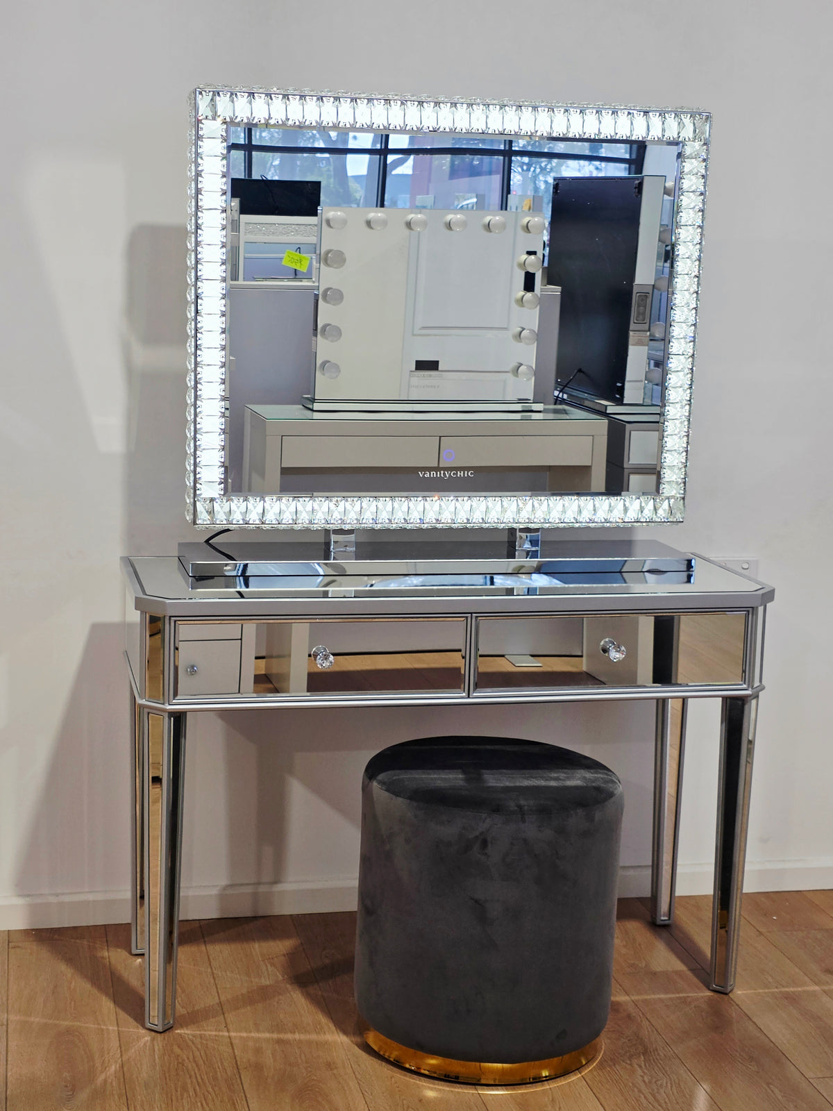 Package Sale: Clearance - 2 Drawers Mirrored Table + XL DiamondX Makeup Mirror with Tri-Lighting + Jorja Charcoal Ottoman