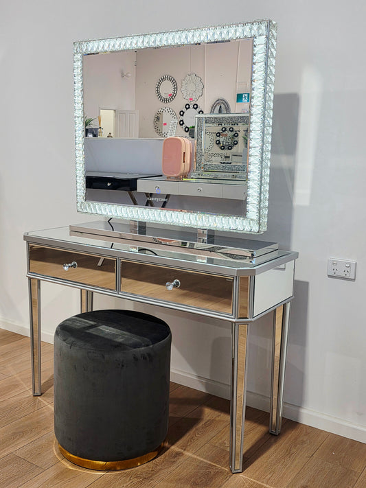 Package Sale: Clearance - 2 Drawers Mirrored Table + XL DiamondX Makeup Mirror with Tri-Lighting + Jorja Charcoal Ottoman