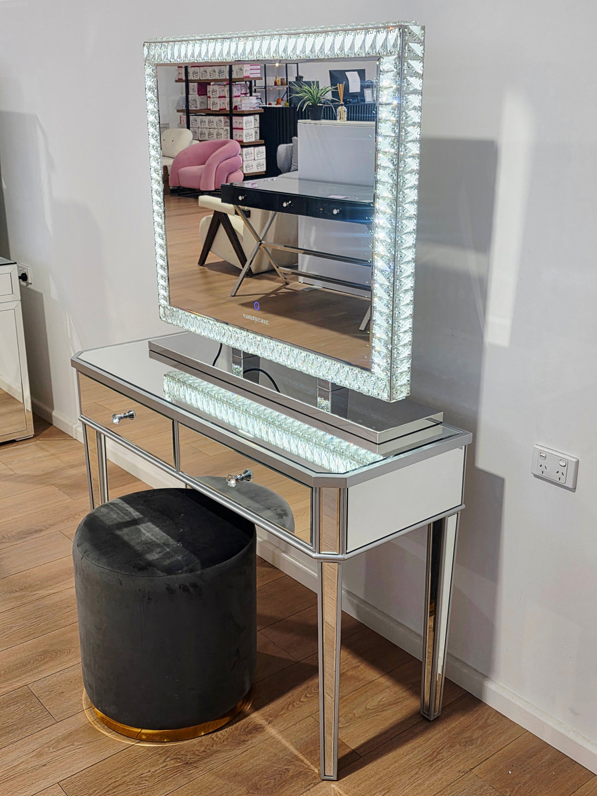 Package Sale: Clearance - 2 Drawers Mirrored Table + XL DiamondX Makeup Mirror with Tri-Lighting + Jorja Charcoal Ottoman