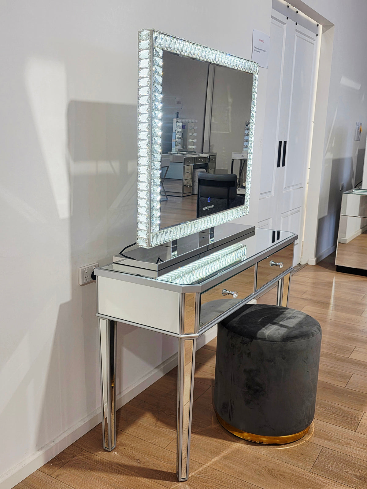 Package Sale: Clearance - 2 Drawers Mirrored Table + XL DiamondX Makeup Mirror with Tri-Lighting + Jorja Charcoal Ottoman
