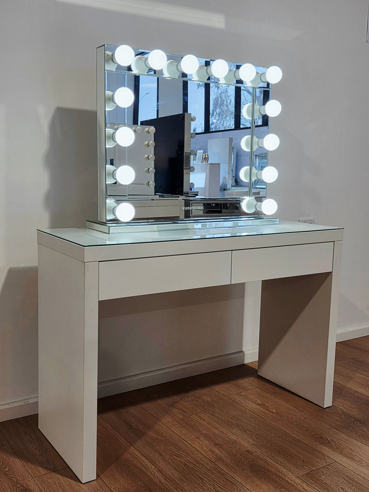 Package Sale: Clearance - 2 Drawers Vera Table + Large Venus Makeup Mirror with Sensor Dimmer + Tri-Lighting