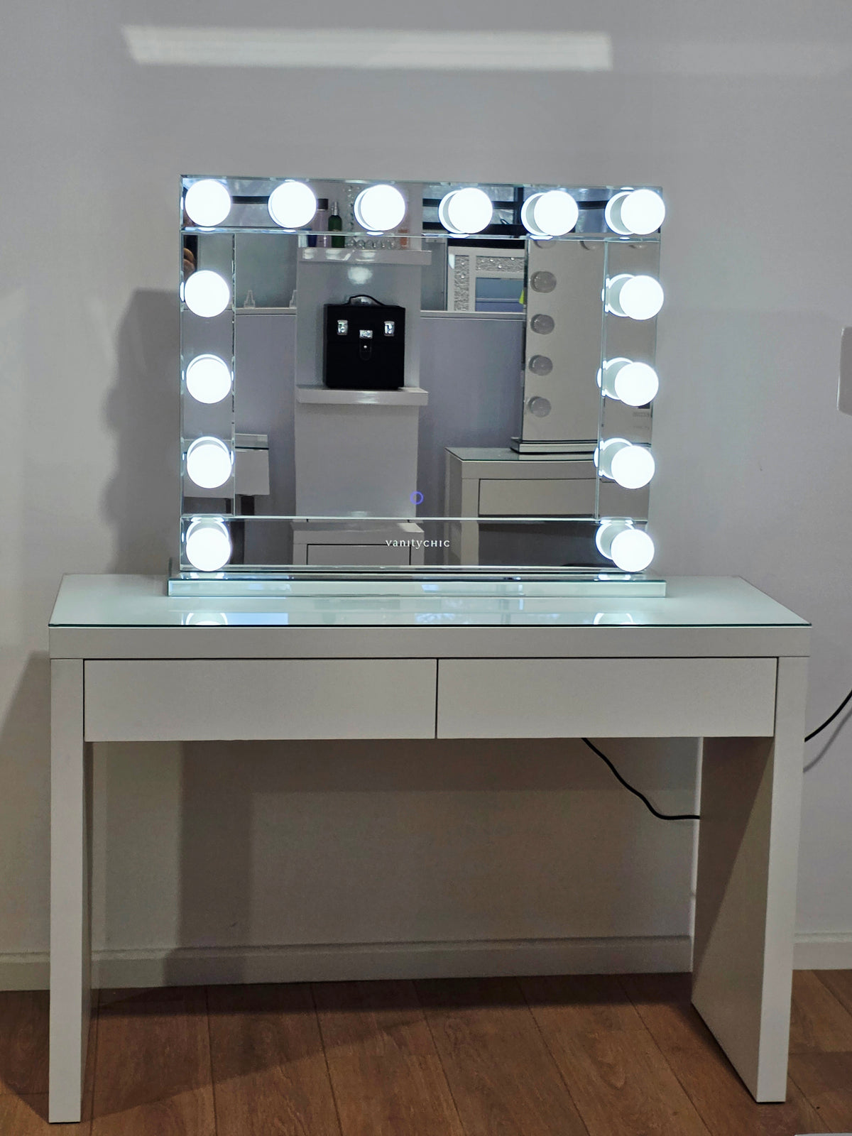 Package Sale: Clearance - 2 Drawers Vera Table + Large Venus Makeup Mirror with Sensor Dimmer + Tri-Lighting