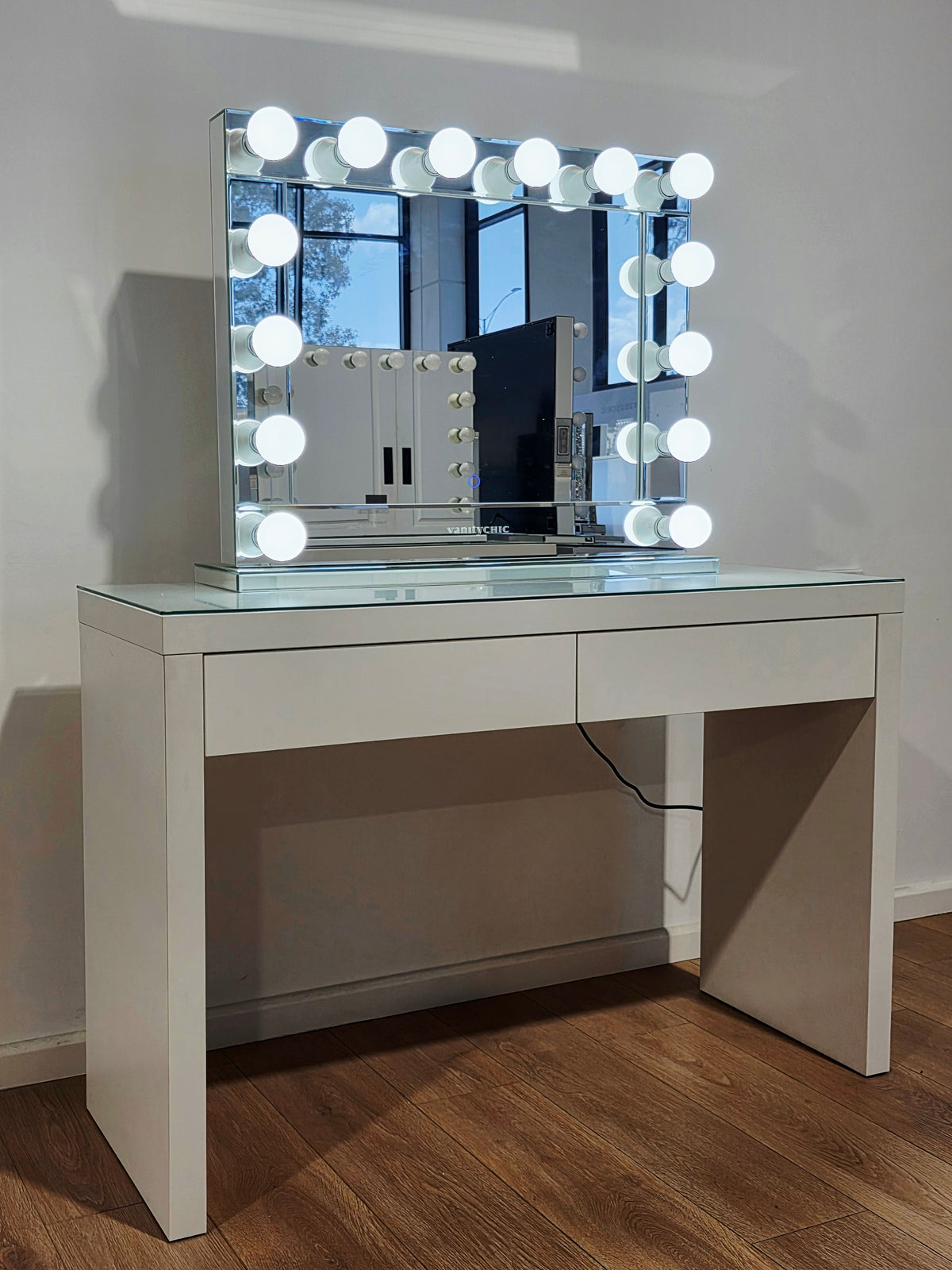 Package Sale: Clearance - 2 Drawers Vera Table + Large Venus Makeup Mirror with Sensor Dimmer + Tri-Lighting
