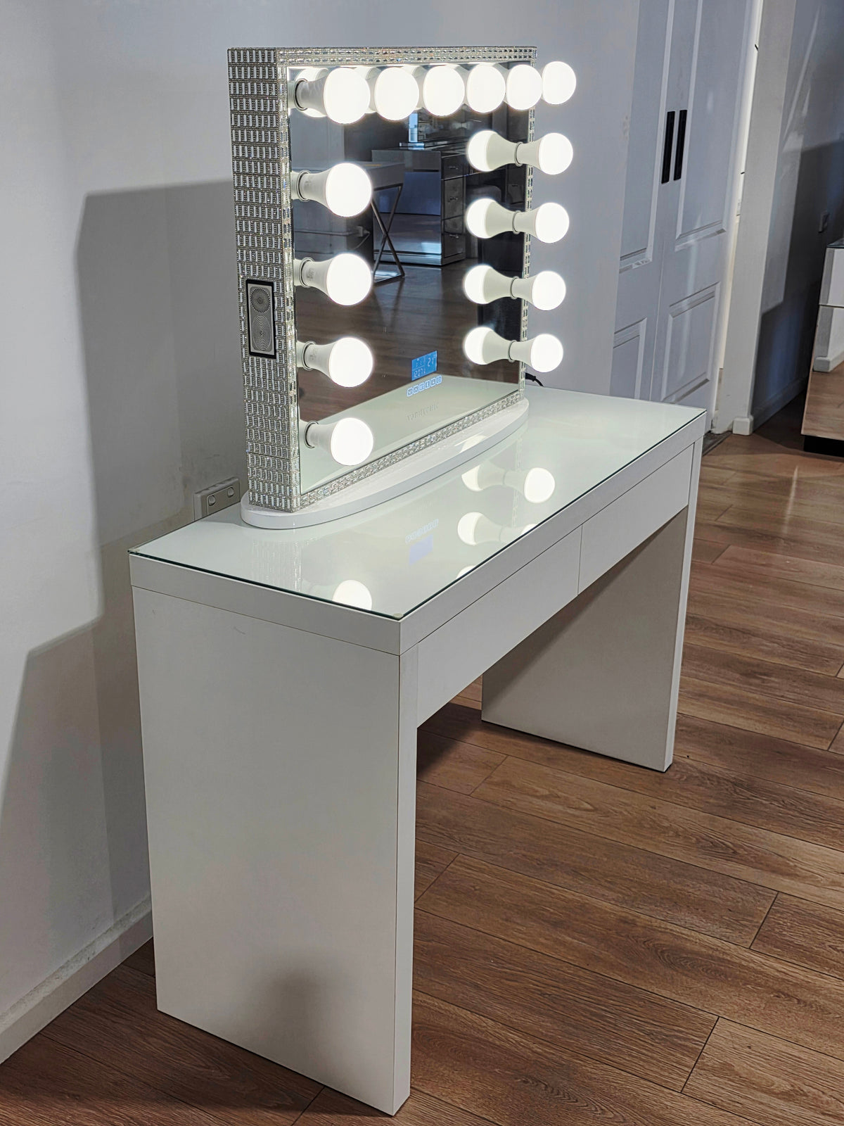 Package Sale: Clearance - 2 Drawers Vera Table + Large Frameless Makeup Mirror with Bluetooth Speakers + Tri-Lighting