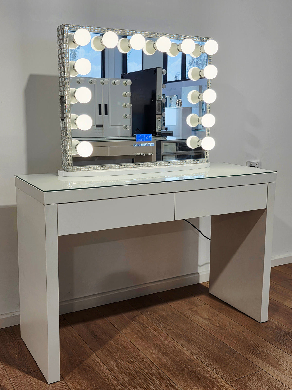 Package Sale: Clearance - 2 Drawers Vera Table + Large Frameless Makeup Mirror with Bluetooth Speakers + Tri-Lighting