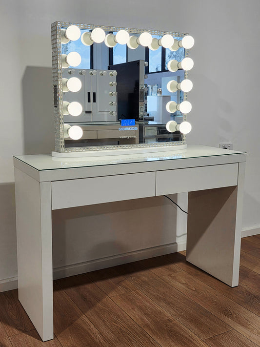Package Sale: Clearance - 2 Drawers Vera Table + Large Frameless Makeup Mirror with Bluetooth Speakers + Tri-Lighting