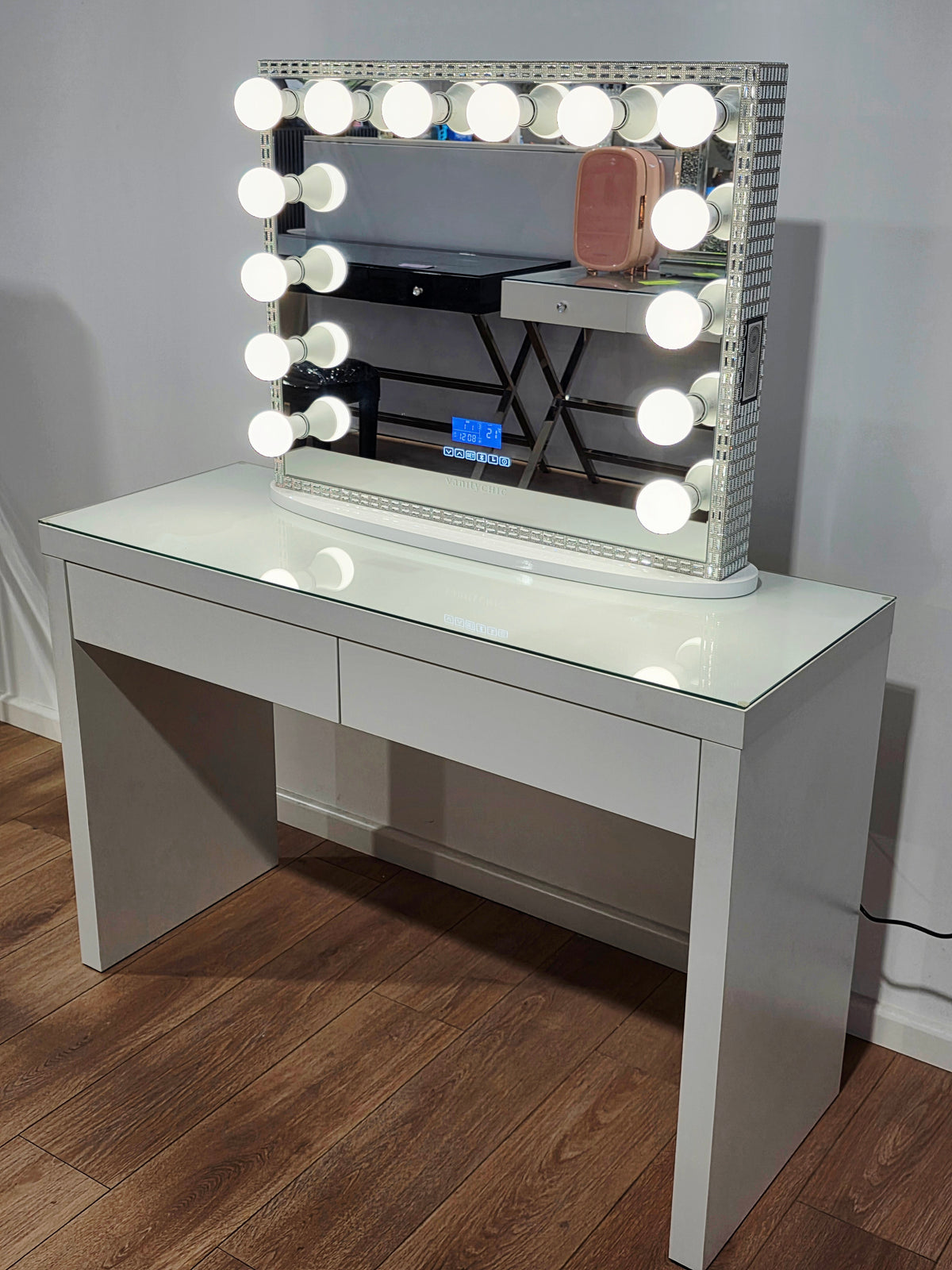 Package Sale: Clearance - 2 Drawers Vera Table + Large Frameless Makeup Mirror with Bluetooth Speakers + Tri-Lighting