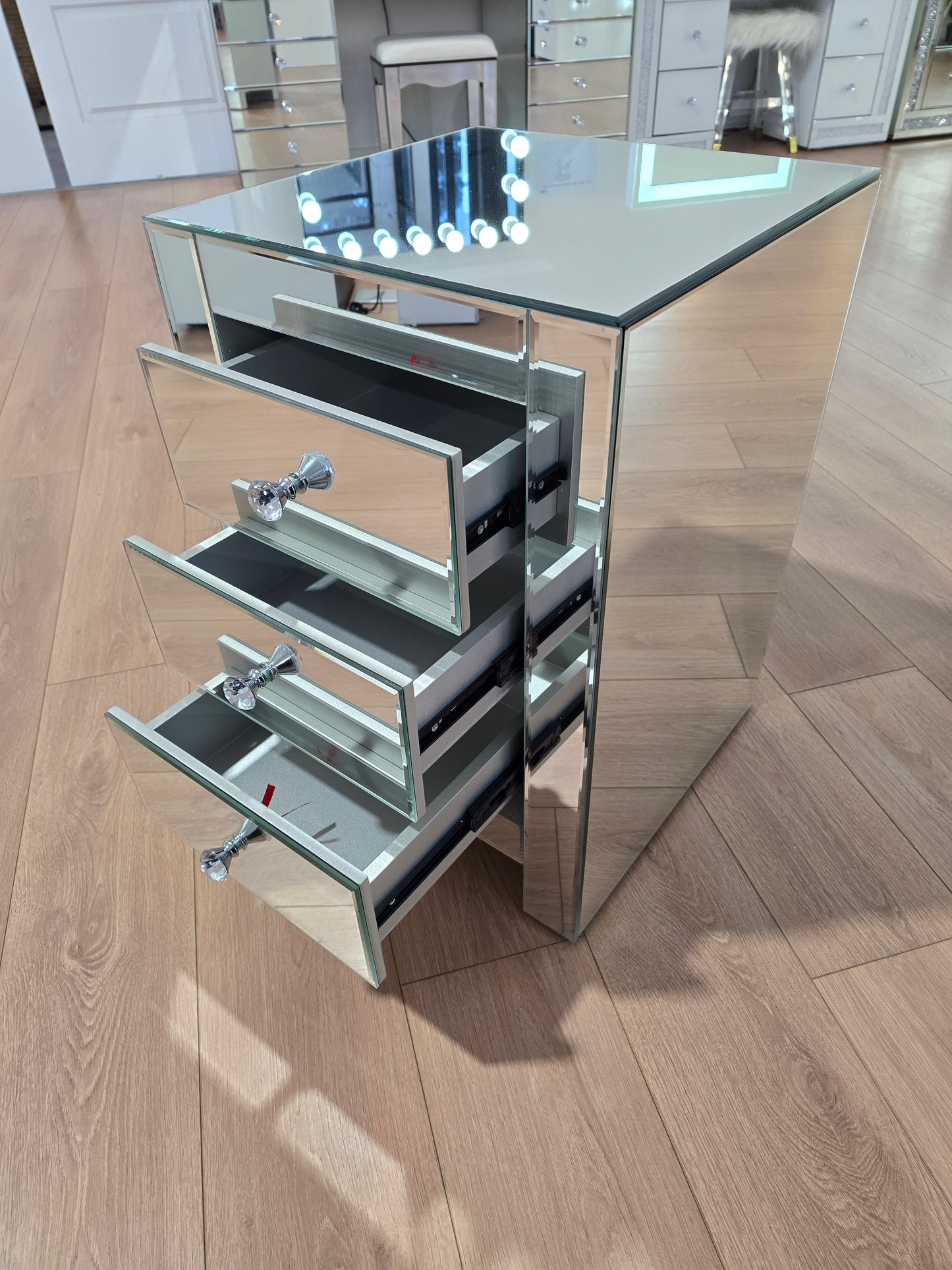 2 x 3 Drawers Mirrored Bedside Table - Silver