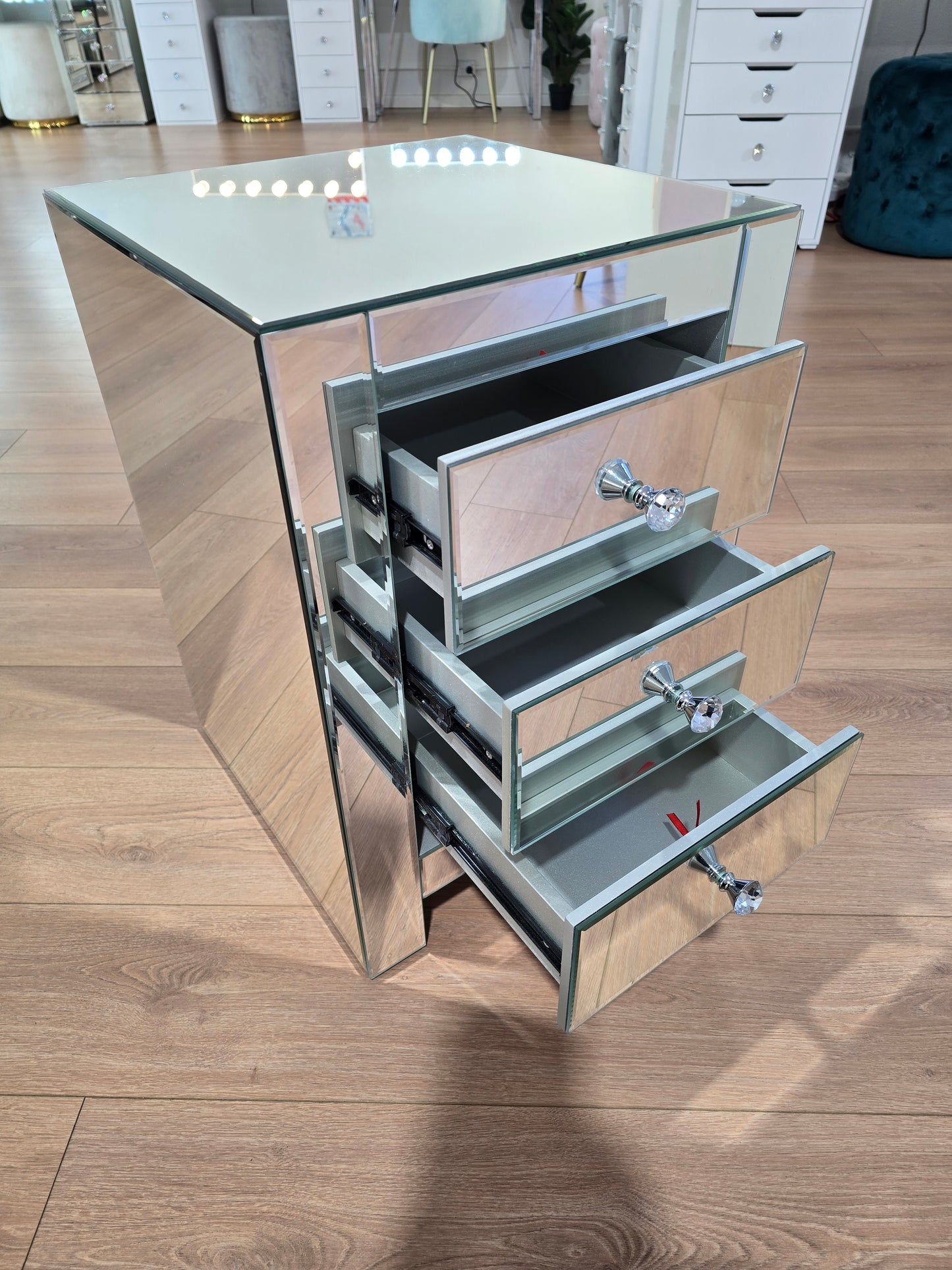 2 x 3 Drawers Mirrored Bedside Table - Silver