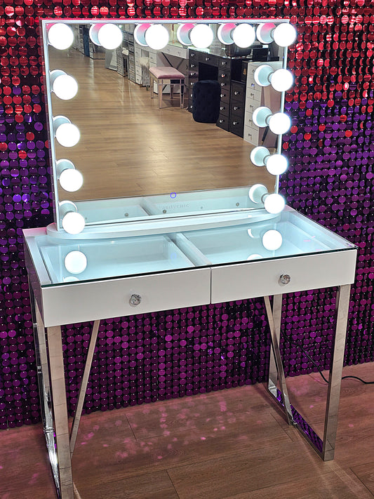 Mini Coco Makeup Table with Clear Glass Top + YSABEL Hollywood Makeup Mirror