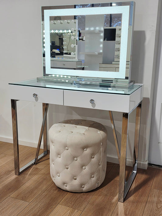 Mini Coco Makeup Table + Large Crystal Makeup Mirror with Sensor Dimmer/Tri-Lights