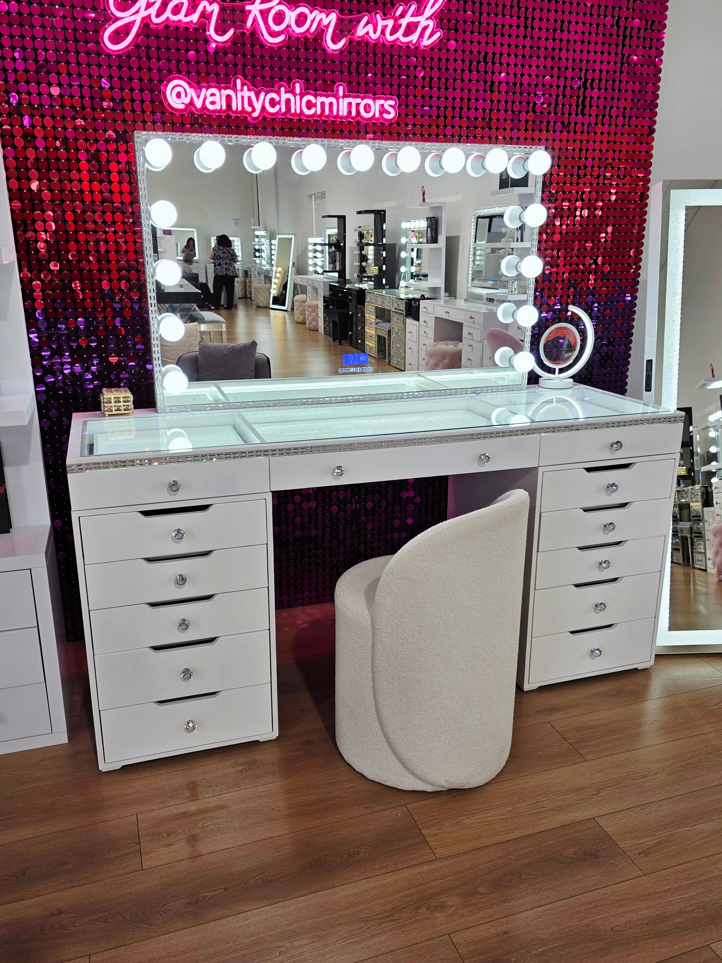 L180cm Diamond Style Beauty Station  + Super XL Diamond Style Makeup Mirror with Bluetooth Speakers