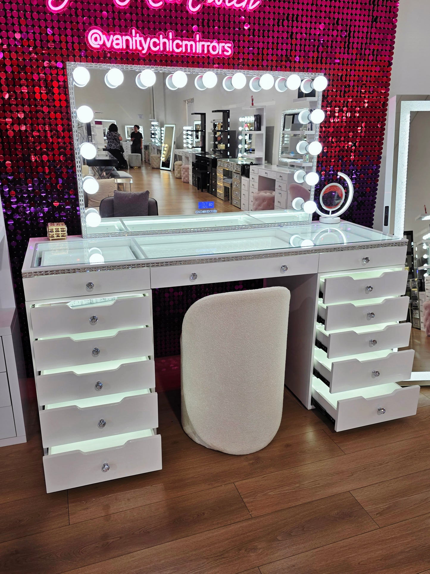L180cm Diamond Style Beauty Station  + Super XL Diamond Style Makeup Mirror with Bluetooth Speakers