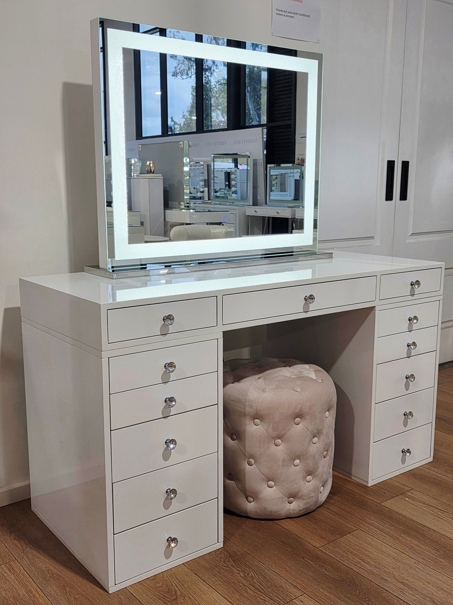 HIGH QUALITY - Sunday Rose Beauty Station + XL Crystal Makeup Mirror with Sensor Dimmer + Alexa Pink Ottoman